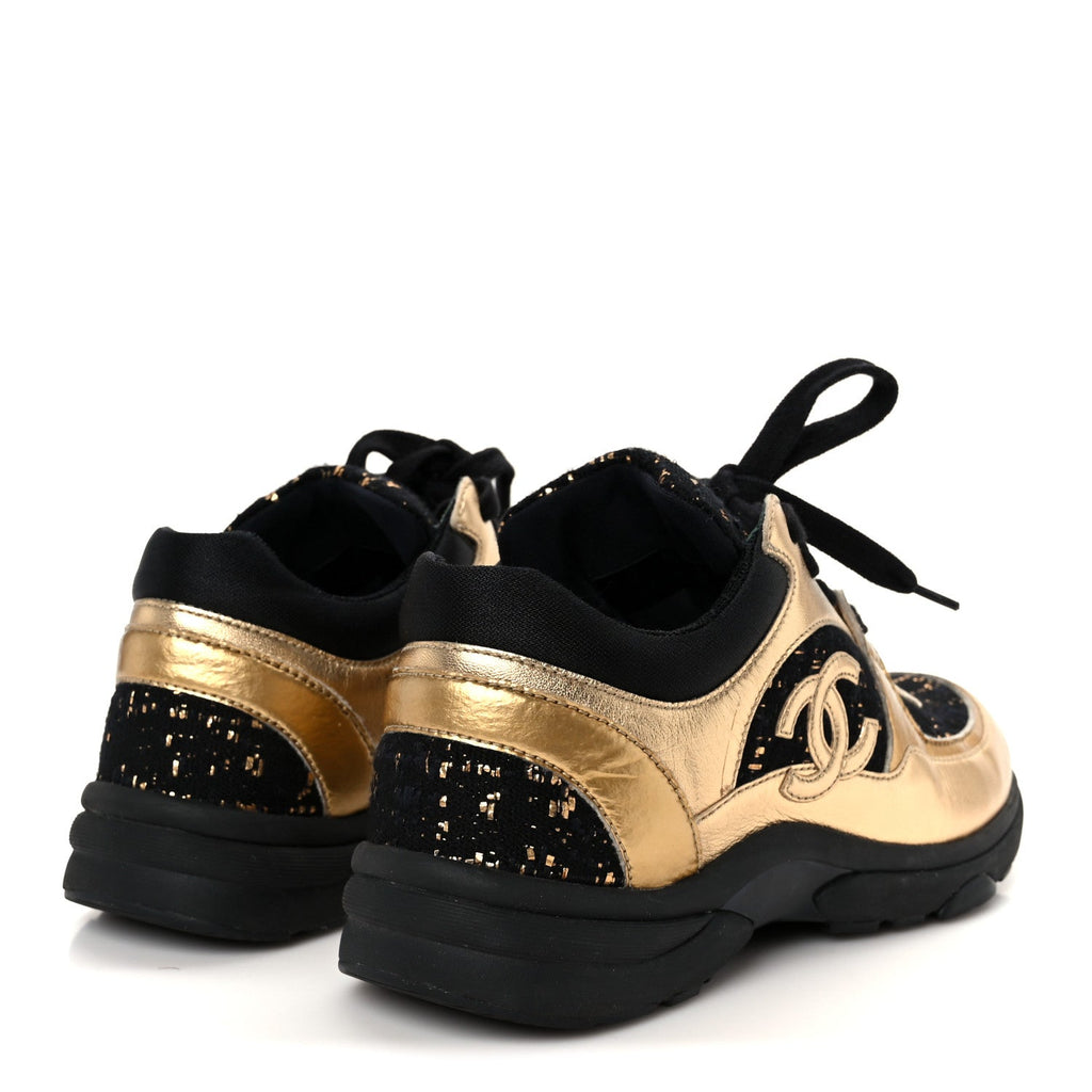 Satin Lambskin Fabric Tweed CC Sneakers 35.5 Gold Black