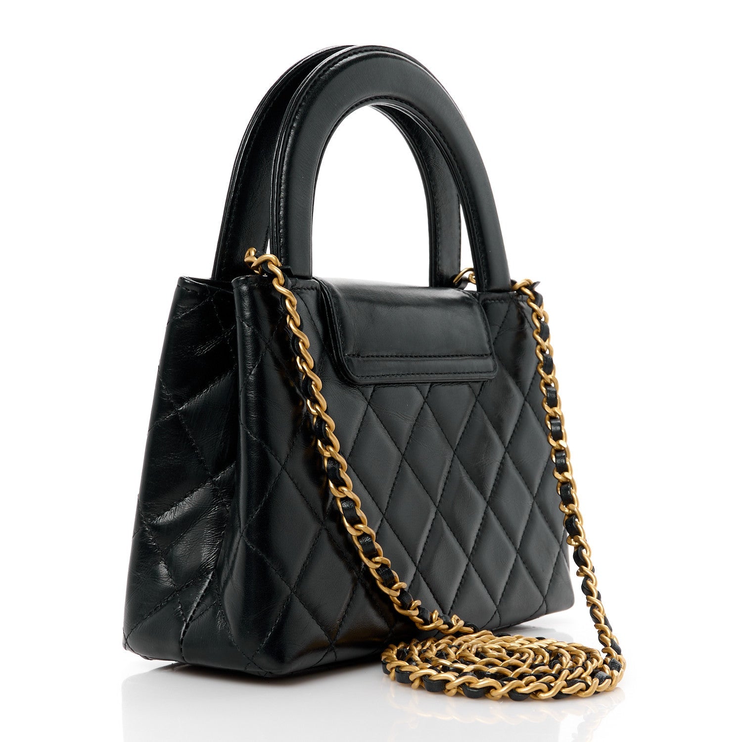 Chanel Shiny Aged Calfskin Quilted Nano Kelly Shopper Black
