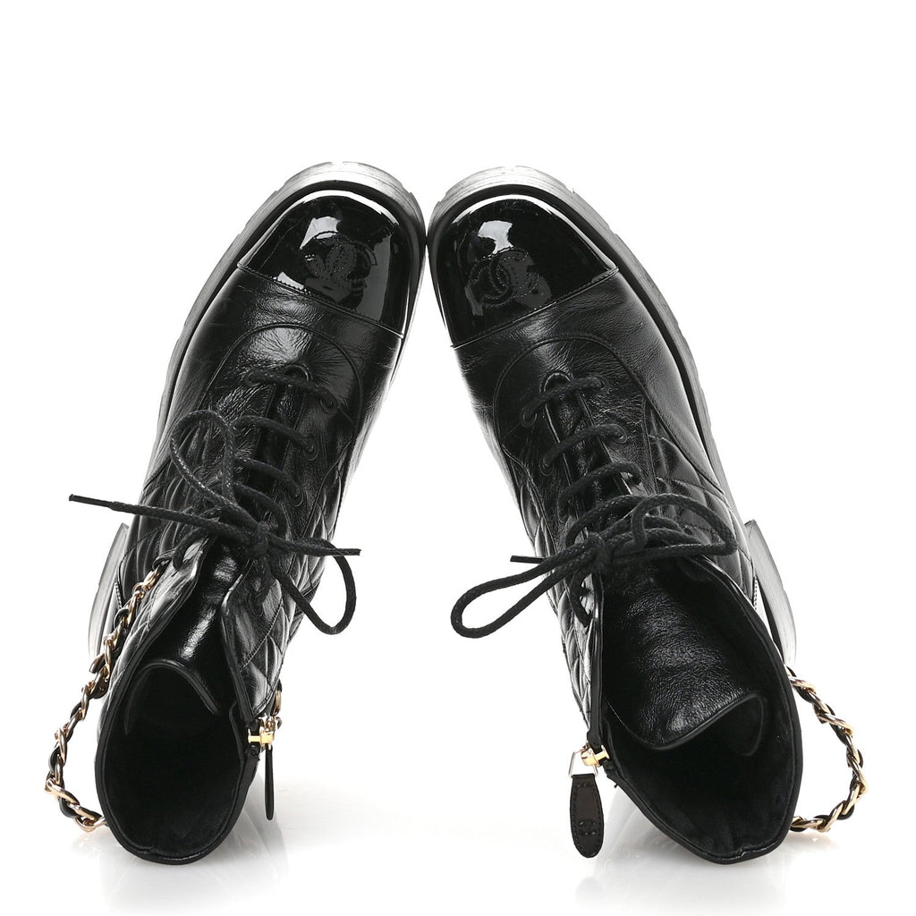 Chanel Shiny Calfskin Patent Quilted Chain Lace Up Combat Boots 40 Black