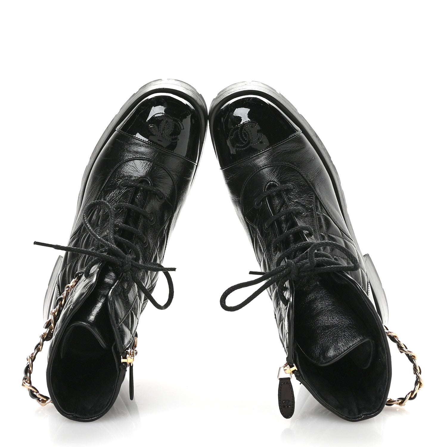 Chanel Shiny Calfskin Patent Quilted Chain Lace Up Combat Boots 40 Black