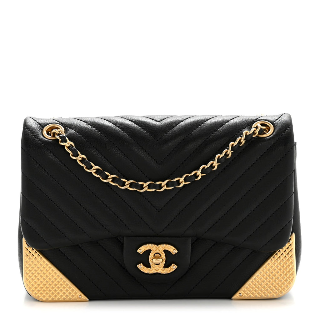 Chanel Calfskin Chevron Quilted Mini Rock The Corner Flap Black