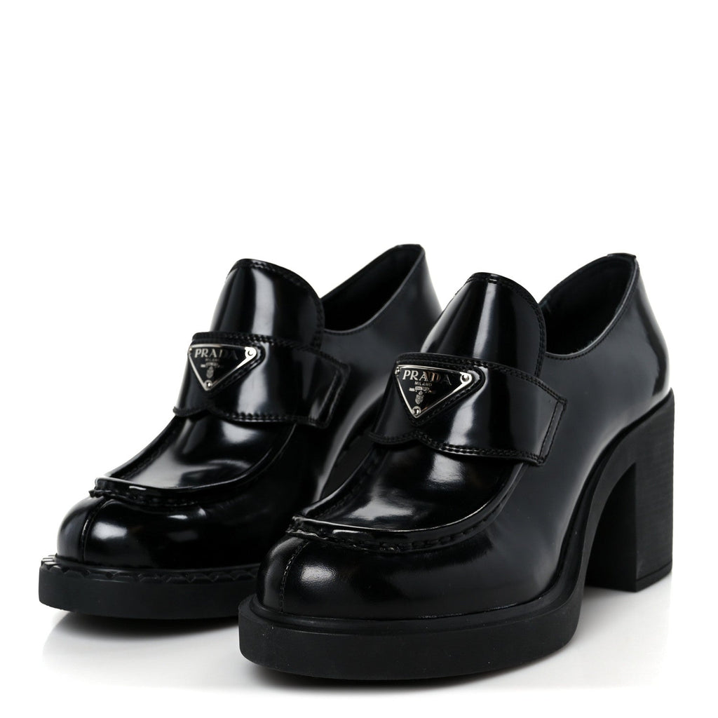 Prada Spazzolato Metal Triangle Logo 85mm Loafers 40 Black