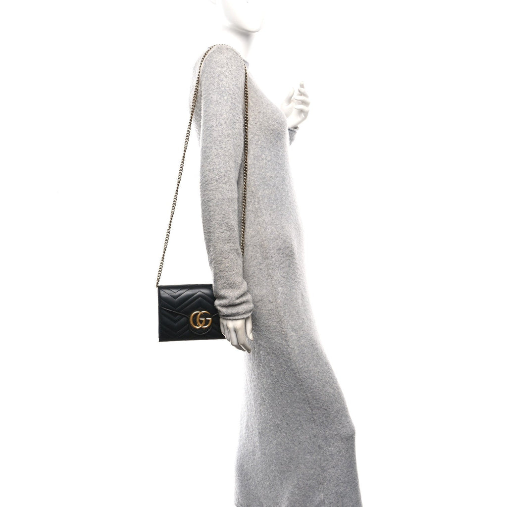 Gucci Calfskin Matelasse GG Marmont Chain Wallet Black