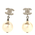Crystal Pearl CC Drop Earrings Silver Pearly White