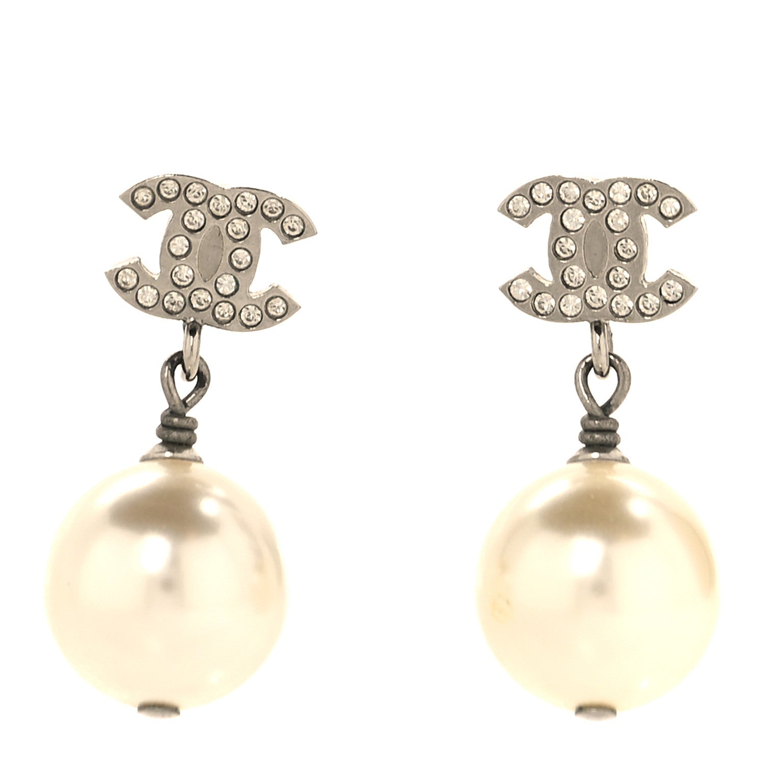 Crystal Pearl CC Drop Earrings Silver Pearly White
