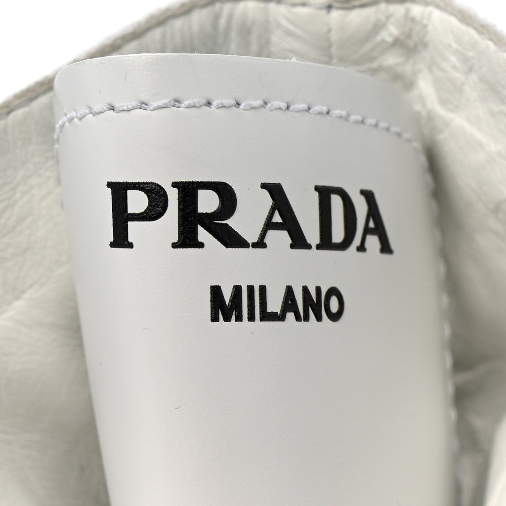 Prada Spazzolato Rois Re-Nylon Metal Triangle Logo Monolith Pouch Pocket 55mm Boots 40.5 White