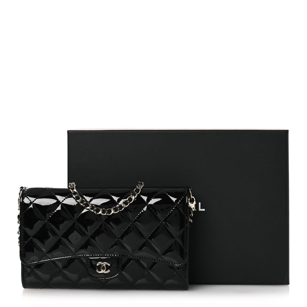 Chanel Patent Quilted Wallet On Removable Chain WOC Black