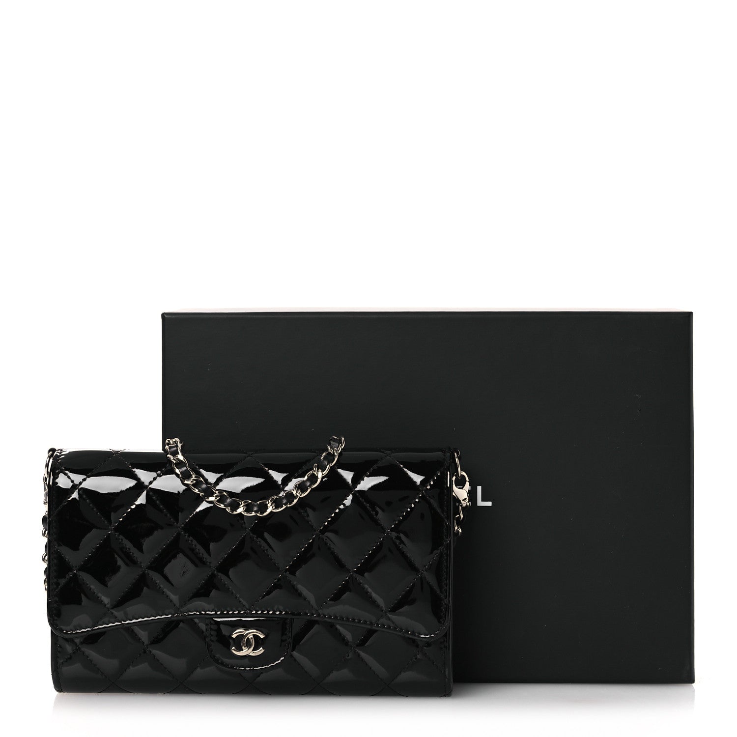 Chanel Patent Quilted Wallet On Removable Chain WOC Black