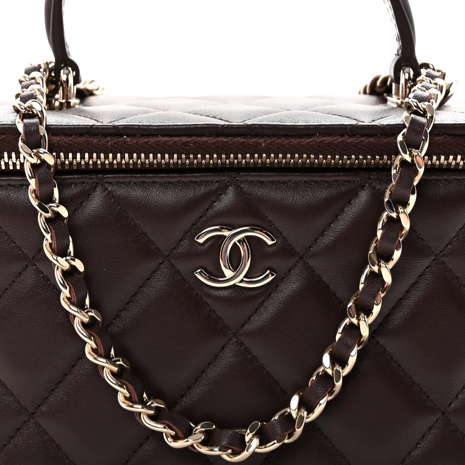 Chanel Lambskin Quilted Small Top Handle Vanity Case With Chain Dark Brown
