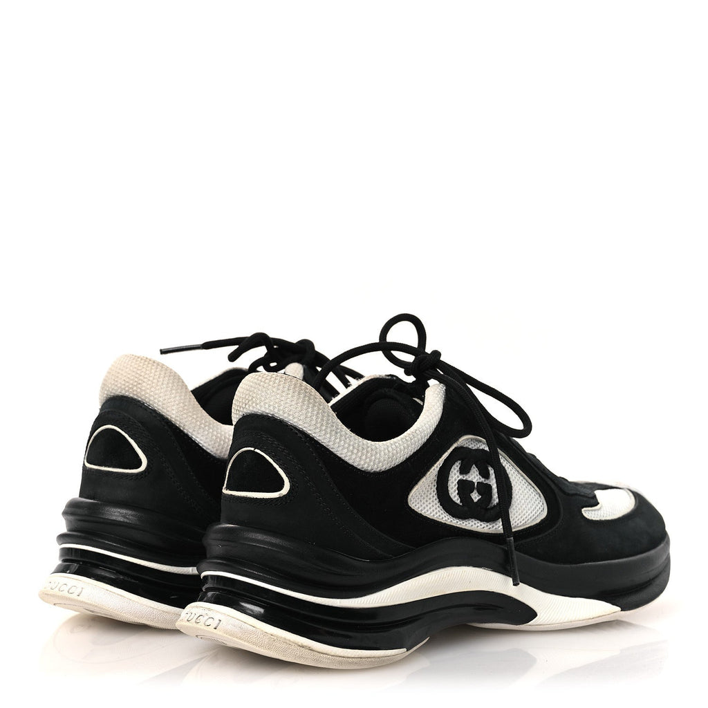Gucci Technical Knit Fabric Suede Calfskin Womens Gucci Run Sneakers 38 Black White