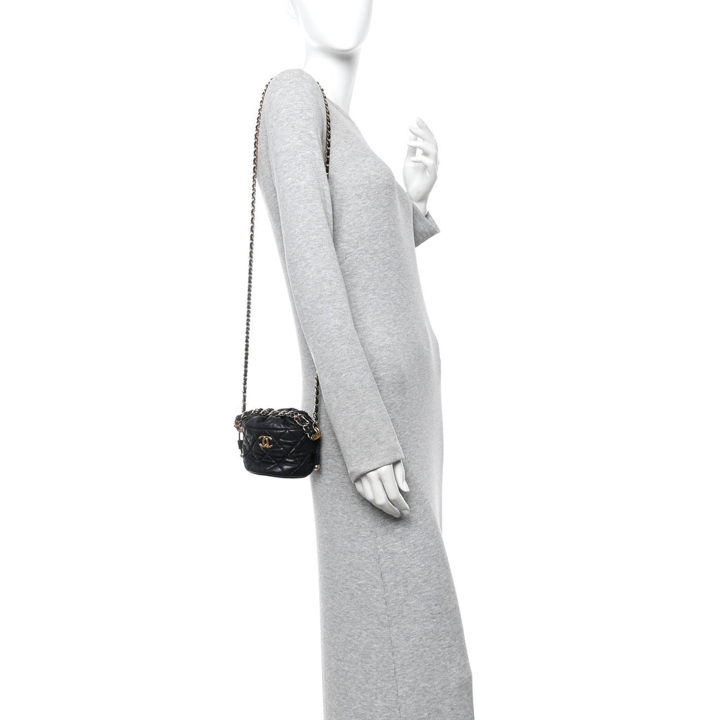 Chanel Caviar Quilted Coco First Bucket Clutch With Chain Black