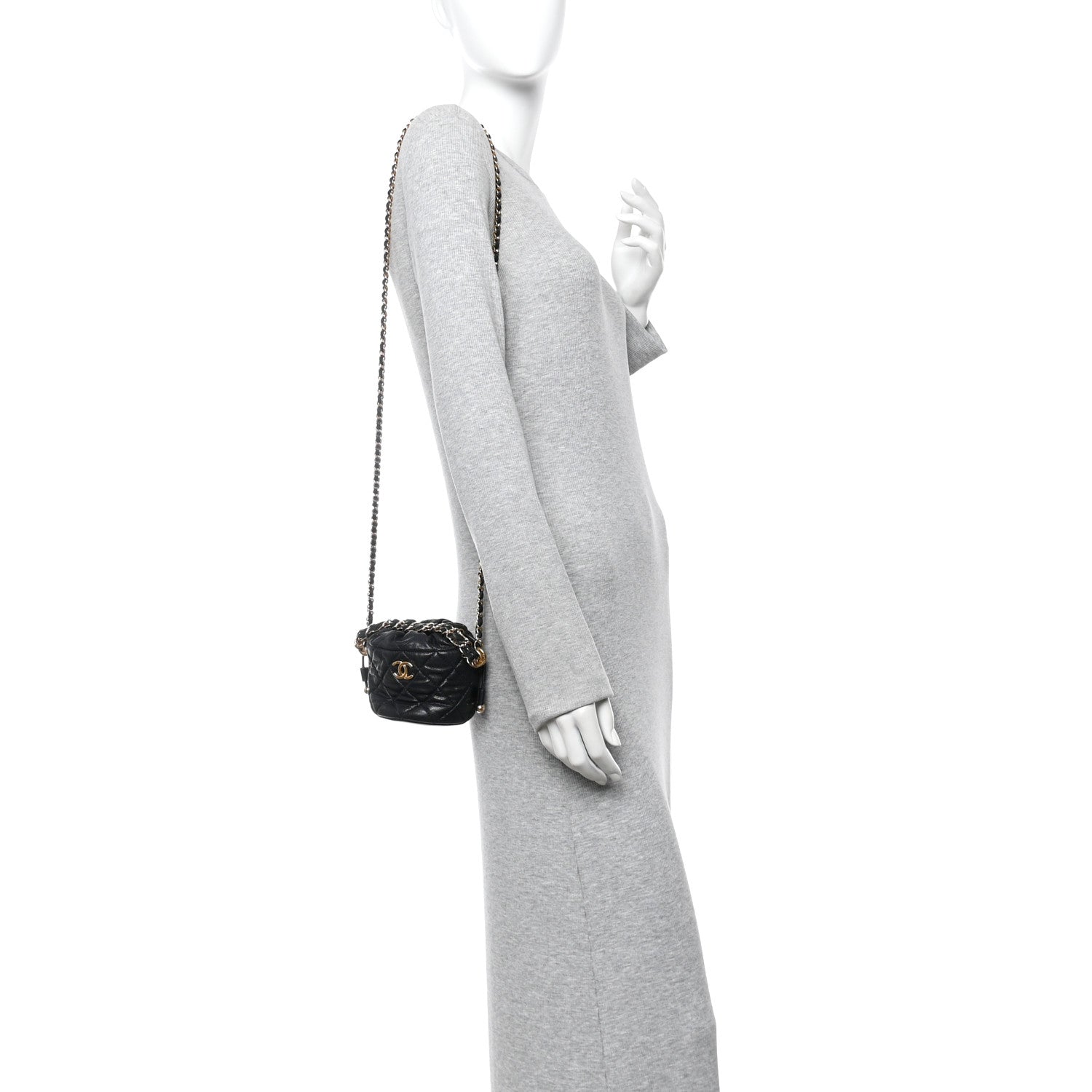 Chanel Caviar Quilted Coco First Bucket Clutch With Chain Black