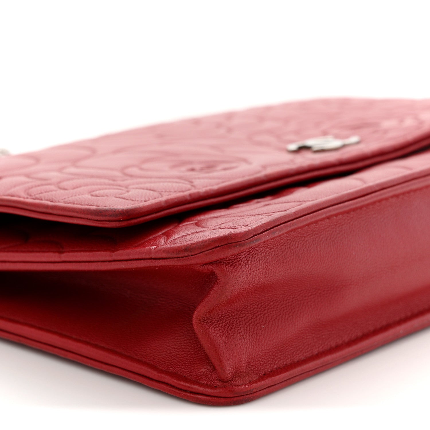 Chanel Lambskin Camellia Embossed Wallet On Chain WOC Red