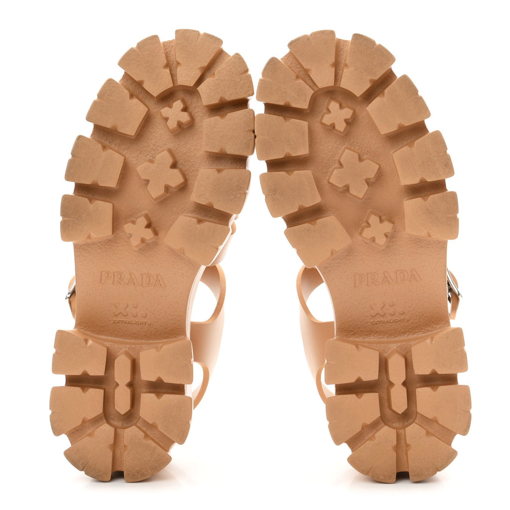 Prada Foam Rubber Metal Triangle Logo Monolith 55mm Cage Sandals 37 Barley