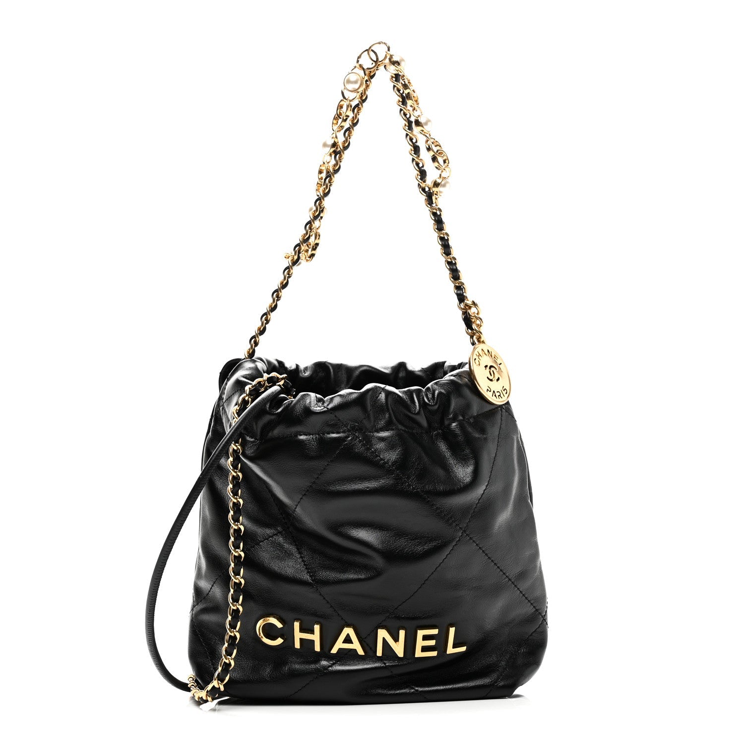 Chanel Shiny Calfskin Quilted Pearl CC Chain Mini Chanel 22 Black