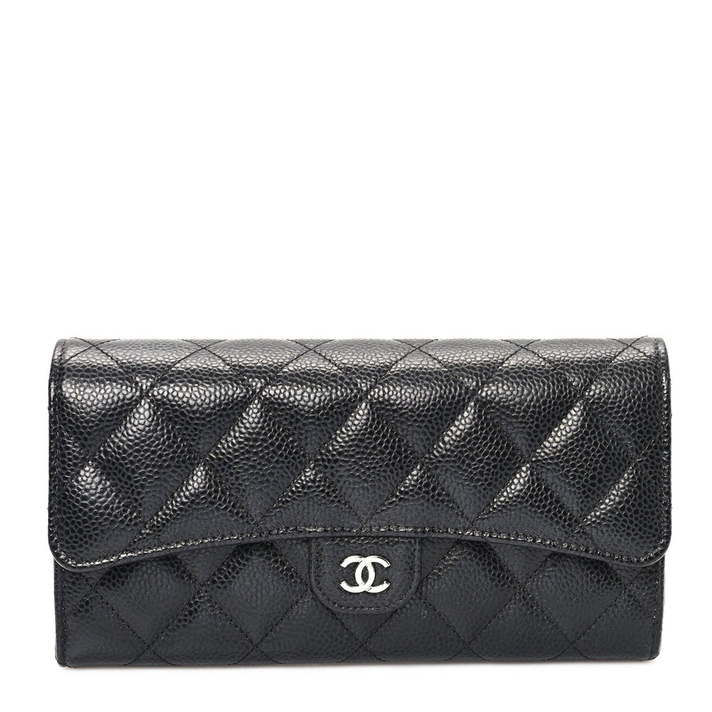 Caviar Quilted Large Gusset Flap Wallet Black
