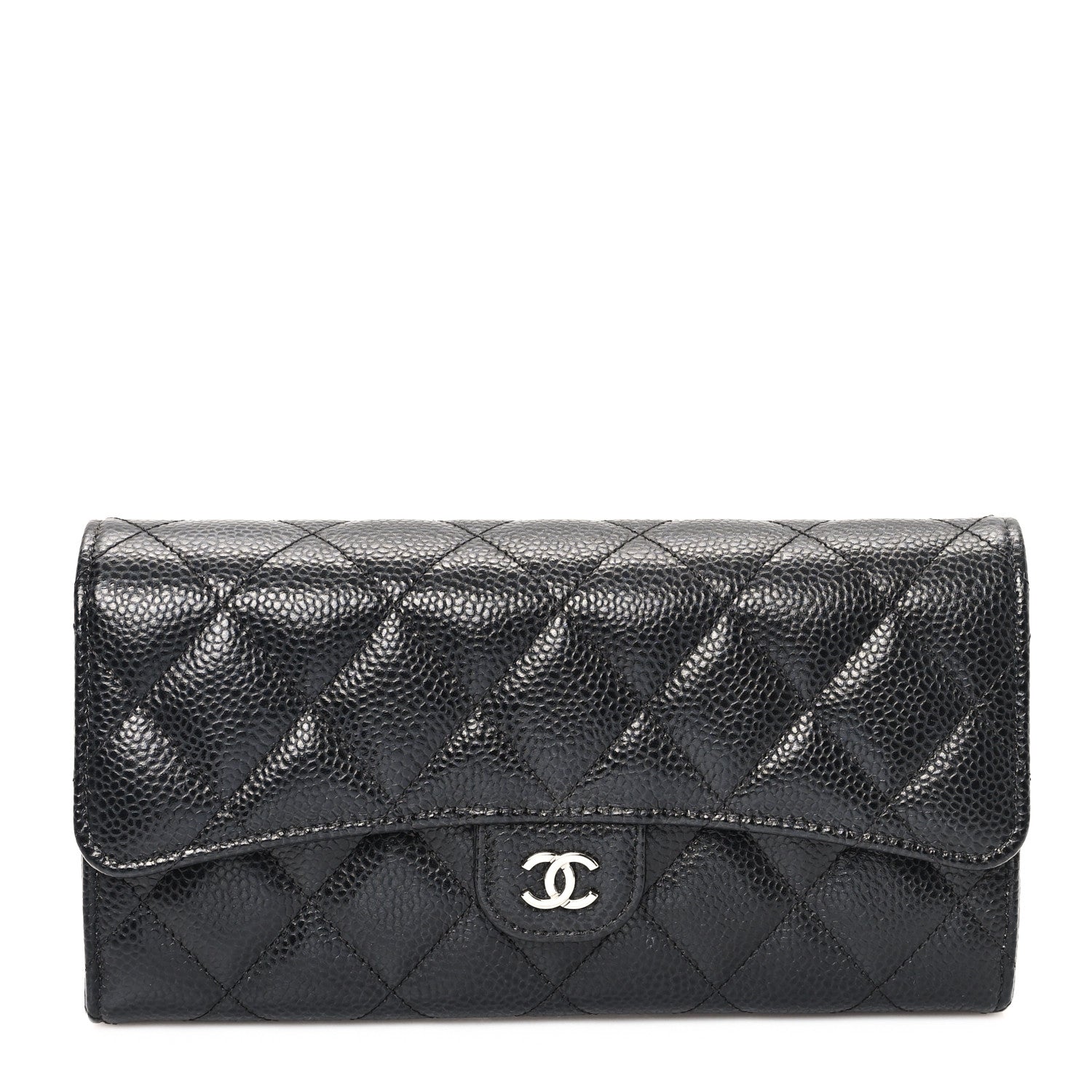 Caviar Quilted Large Gusset Flap Wallet Black