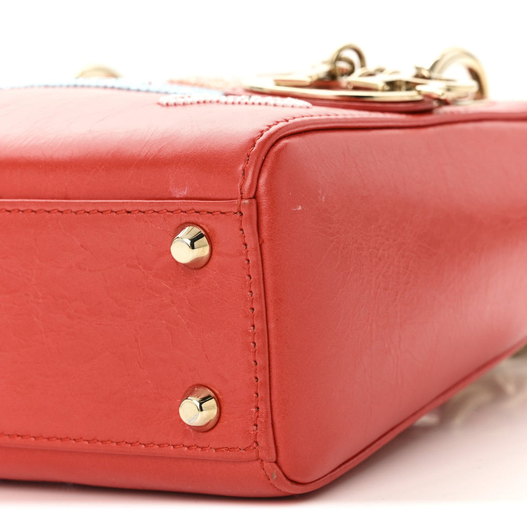 Christian Dior Calfskin Beaded Mini Lady Dior Rouge Multicolor