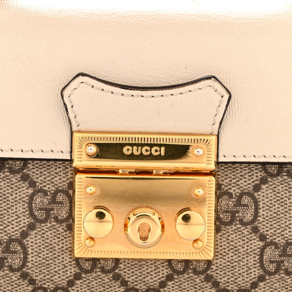Gucci GG Supreme Monogram New Sakai Calfskin Mini Padlock Top Handle Shoulder Bag Beige Ebony Mystic White Sun Oil