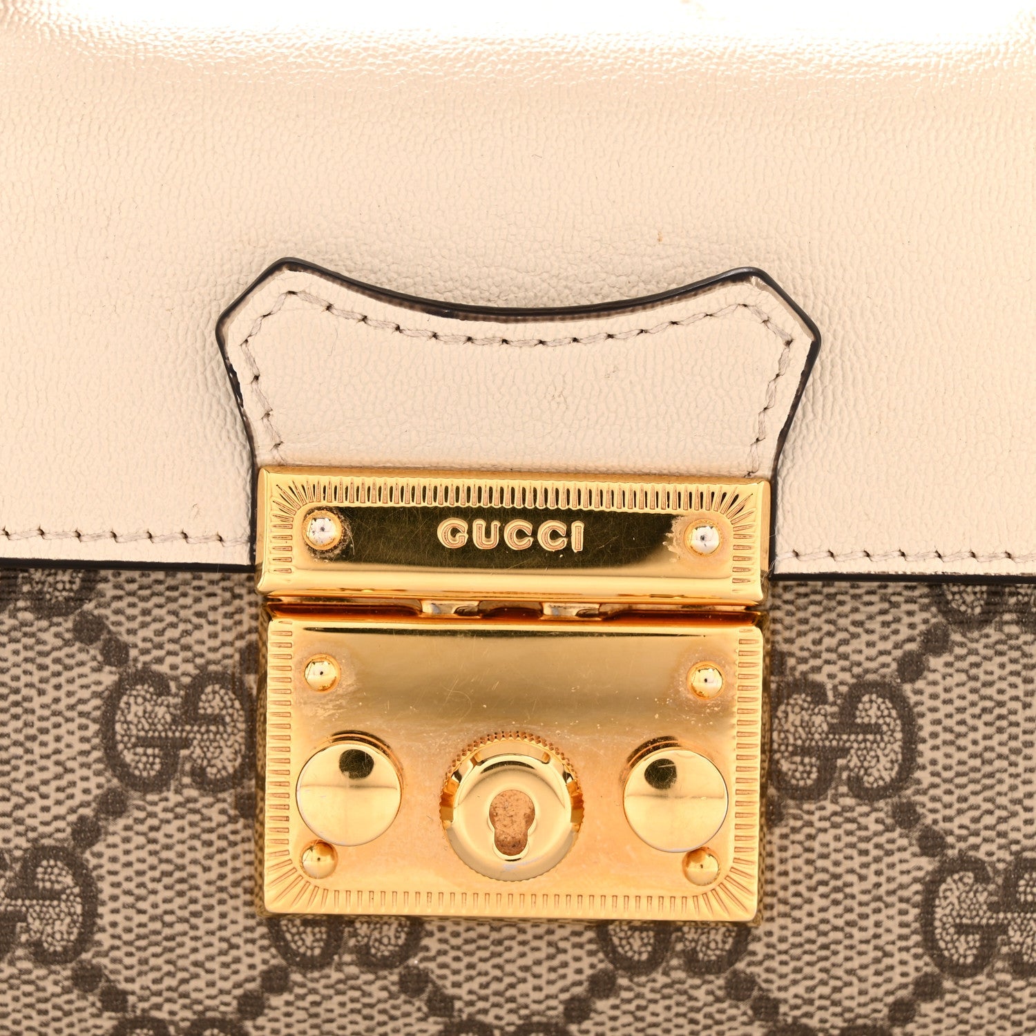 Gucci GG Supreme Monogram New Sakai Calfskin Mini Padlock Top Handle Shoulder Bag Beige Ebony Mystic White Sun Oil