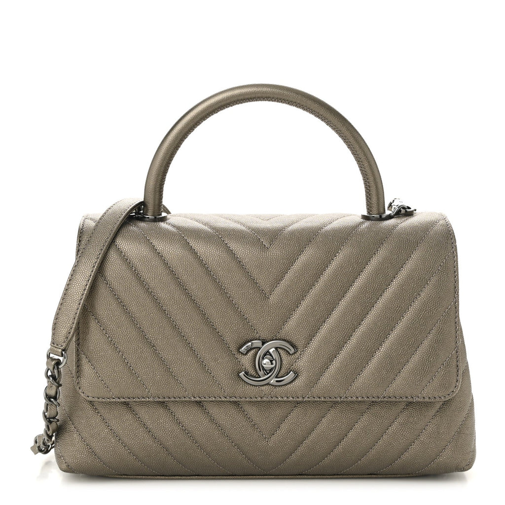 Chanel Metallic Caviar Chevron Quilted Small Coco Handle Flap Light Gold