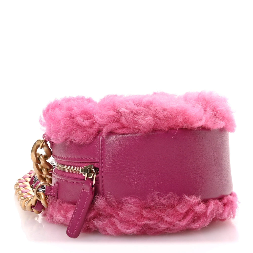 Chanel Shearling Sheepskin Chanel 19 Round Clutch With Chain Dark Pink