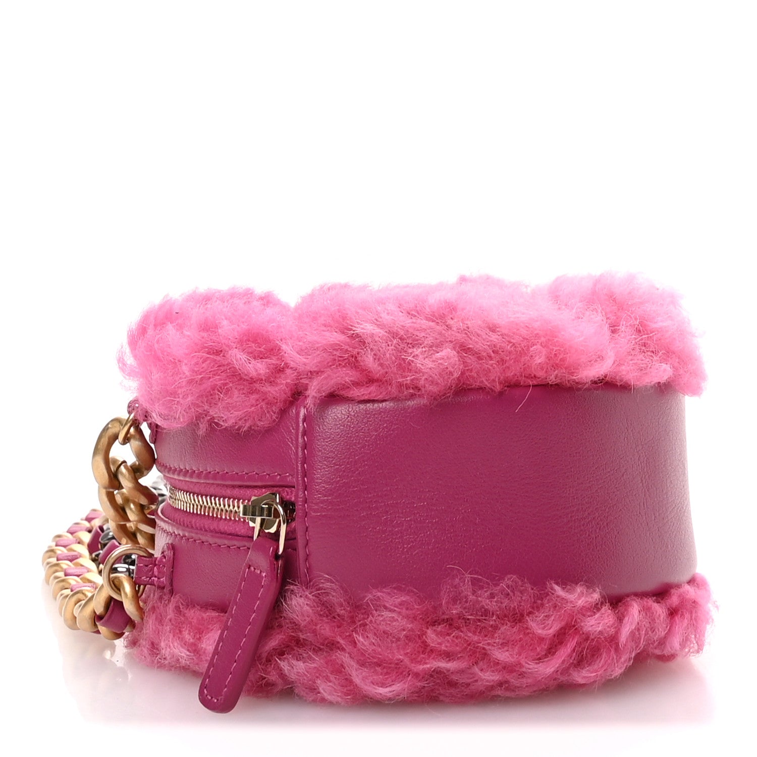 Chanel Shearling Sheepskin Chanel 19 Round Clutch With Chain Dark Pink