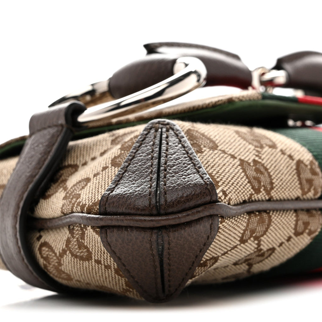 Gucci Monogram Textured Dollar Calfskin Heavy Grosgrain Web Small Maxi Horsebit Chain Shoulder Bag Beige Ebony New Acero