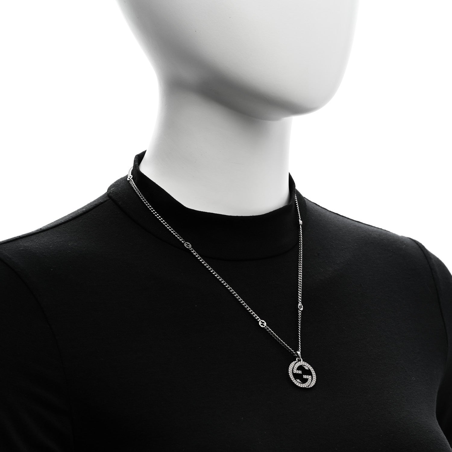 Gucci Sterling Silver Textured Interlocking G Pendant Necklace