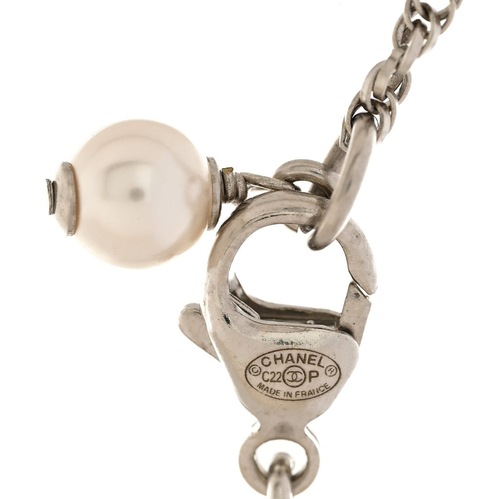 Crystal Pearl CC Pendant Necklace Silver