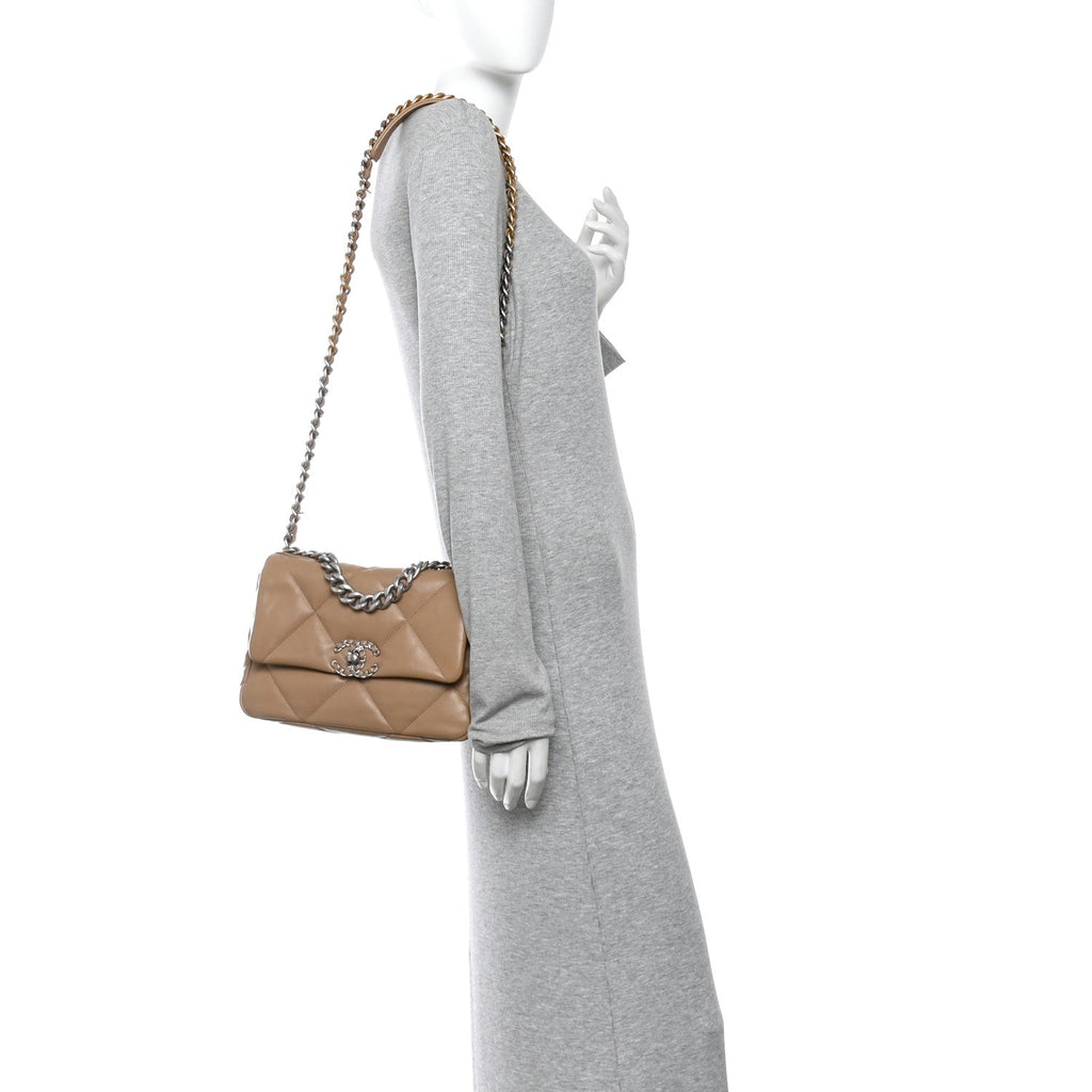 Chanel Lambskin Quilted Medium Chanel 19 Flap Beige