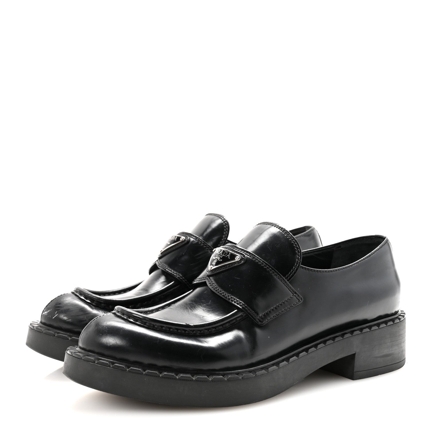 Prada Spazzolato Metal Triangle Logo 50mm Loafers 40 Black