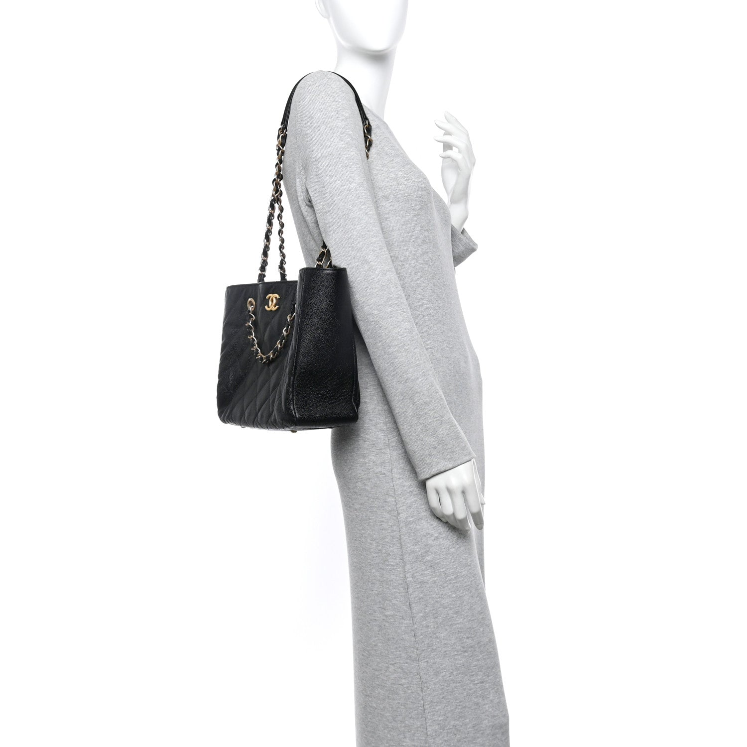 Chanel Caviar Quilted Small Trapezoid Chain Shopping Tote Black
