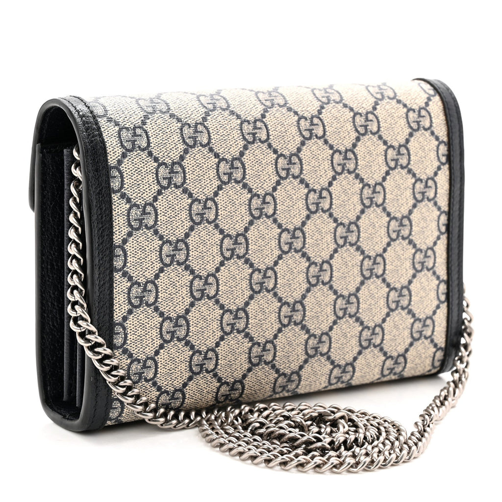 Gucci GG Supreme Monogram Textured Dollar Calfskin Mini Dionysus Chain Wallet Beige Blue