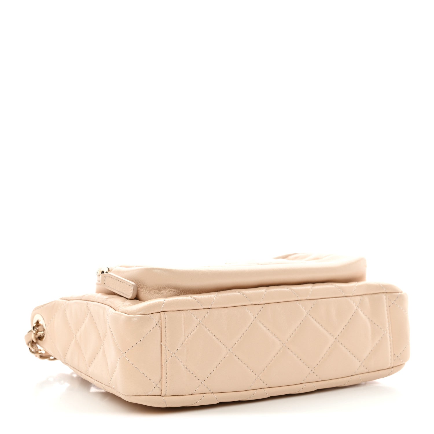 Chanel Shiny Crumpled Lambskin Quilted Small Preppy Pocket Clutch With Chain Beige