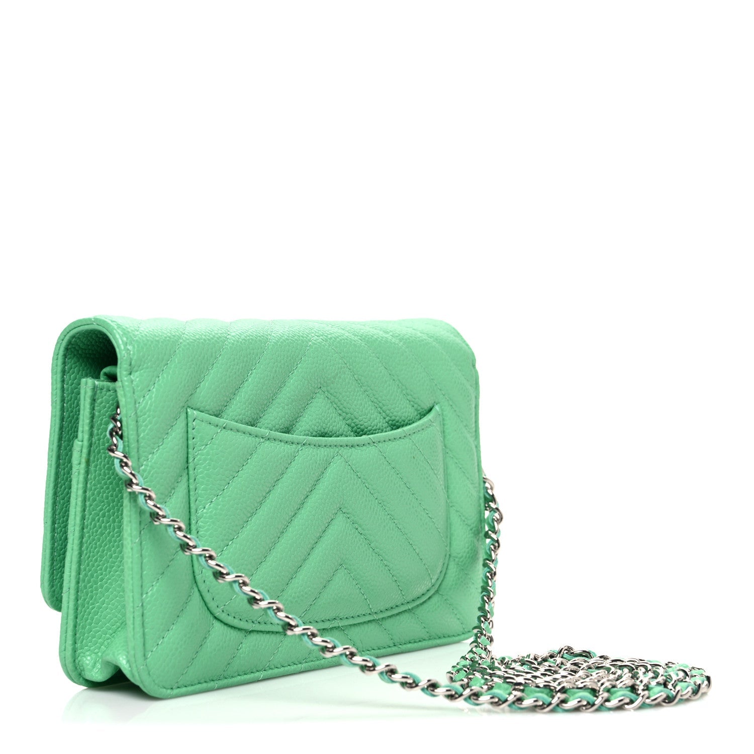 Chanel Caviar Chevron Quilted Wallet On Chain WOC Green