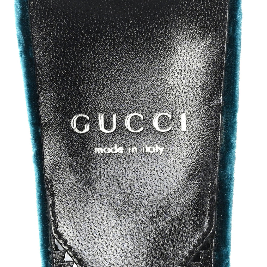 Gucci New Velvet Ashmir Regent Calfskin GG Monogram Square Toe Bow 45mm Slide Sandals Peacock Blue 39.5