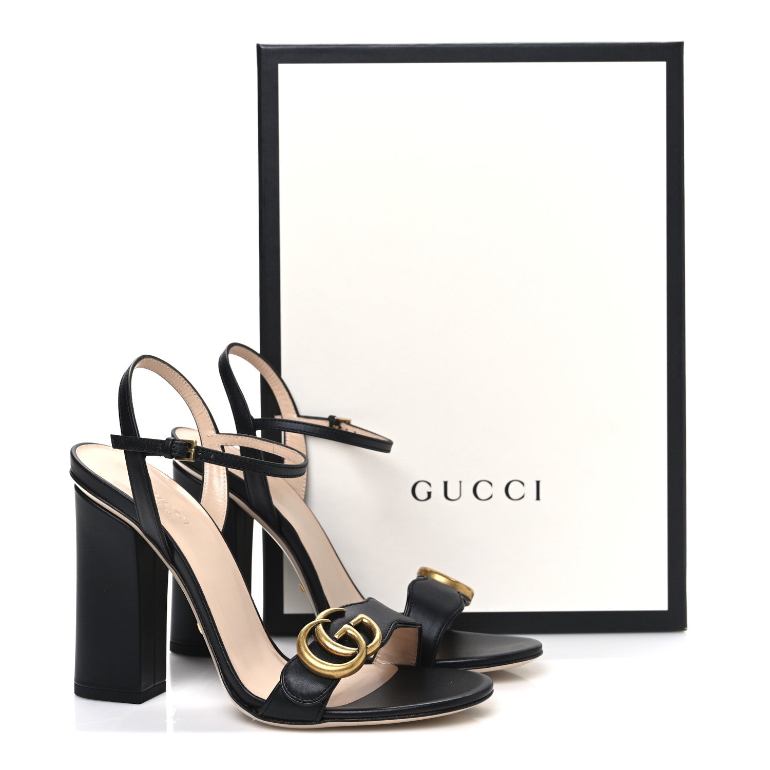 Gucci Lifford Calfskin GG Marmont Ankle Wrap 105mm Sandals 37 Black