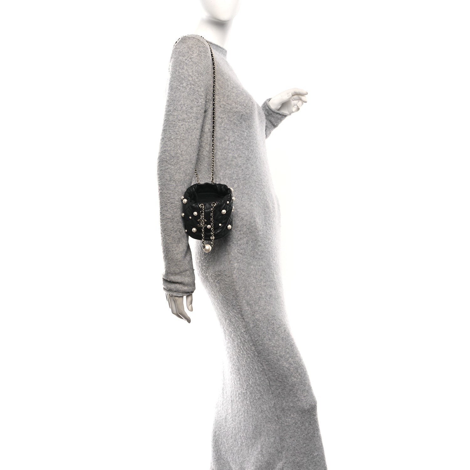 Chanel Lambskin Quilted Pearl Mini About Pearls Drawstring Bag Black