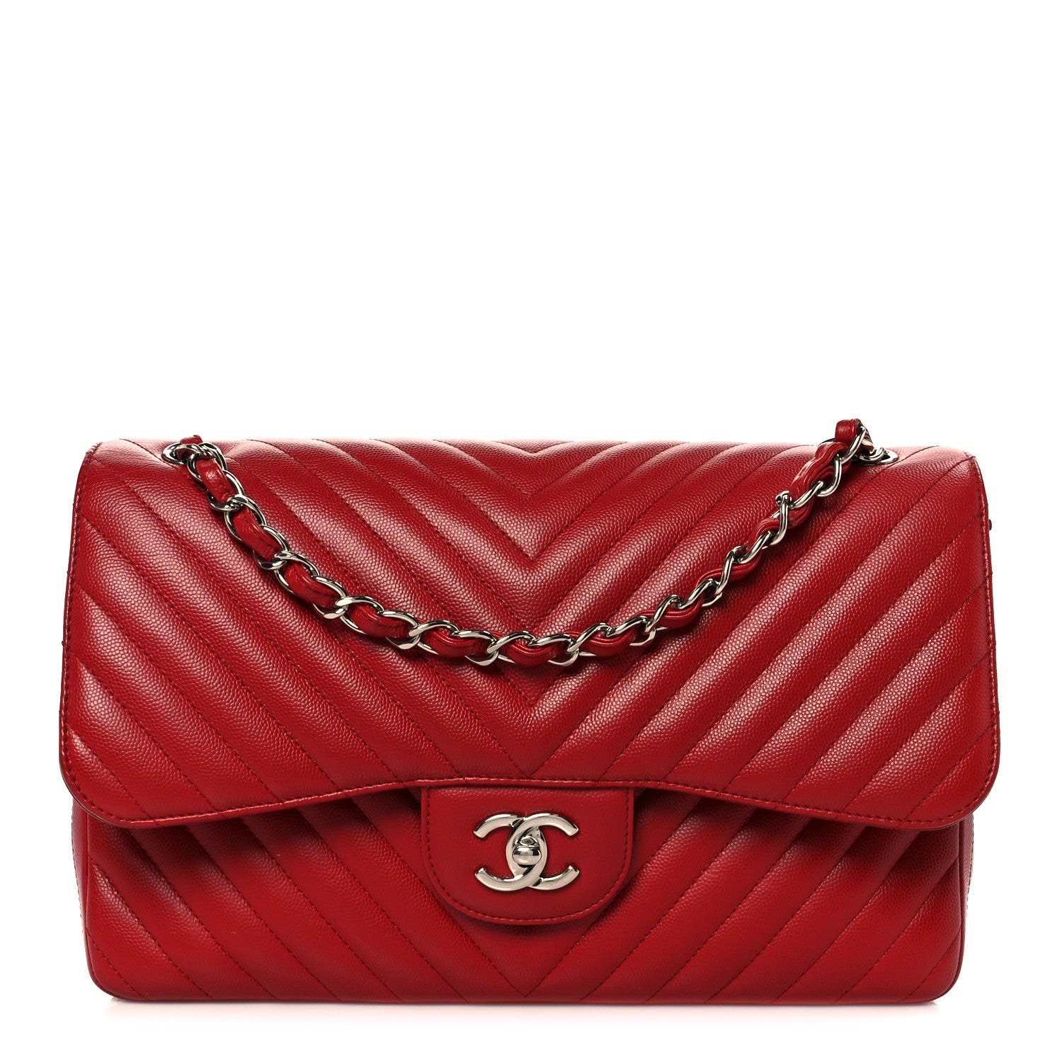 Chanel Caviar Chevron Quilted Jumbo Double Flap Dark Red