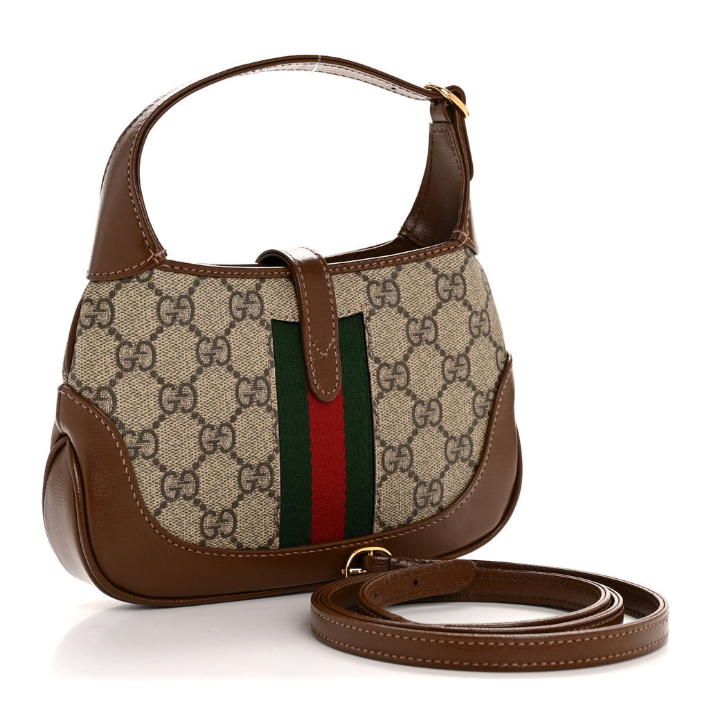 Gucci GG Supreme Monogram Azalea Calfskin Web Mini Jackie 1961 Hobo Beige Ebony Brown Sugar