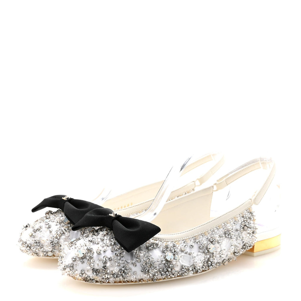 Satin Crystal Lambskin Grosgrain Bow CC Slingback Flats 38.5 White Black
