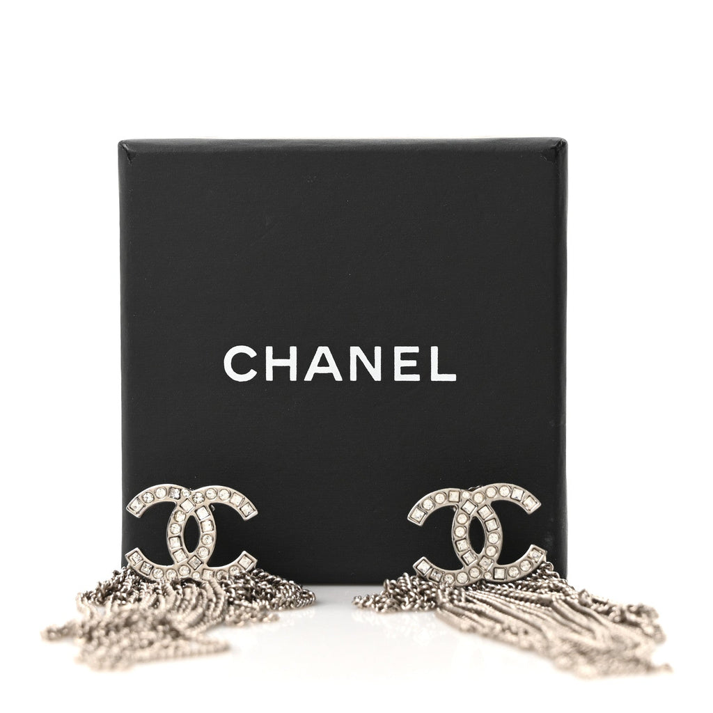 Baguette Crystal CC Chain Drop Earrings Silver