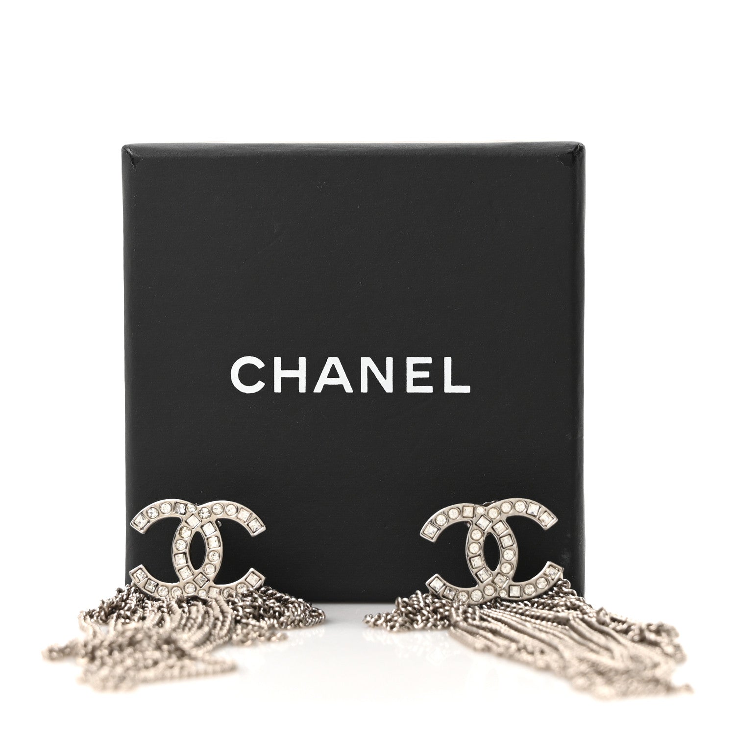 Baguette Crystal CC Chain Drop Earrings Silver