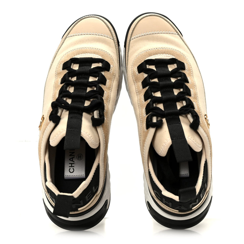 Chanel Velvet Calfskin Mixed Fibers CC Sneakers 37.5 Beige