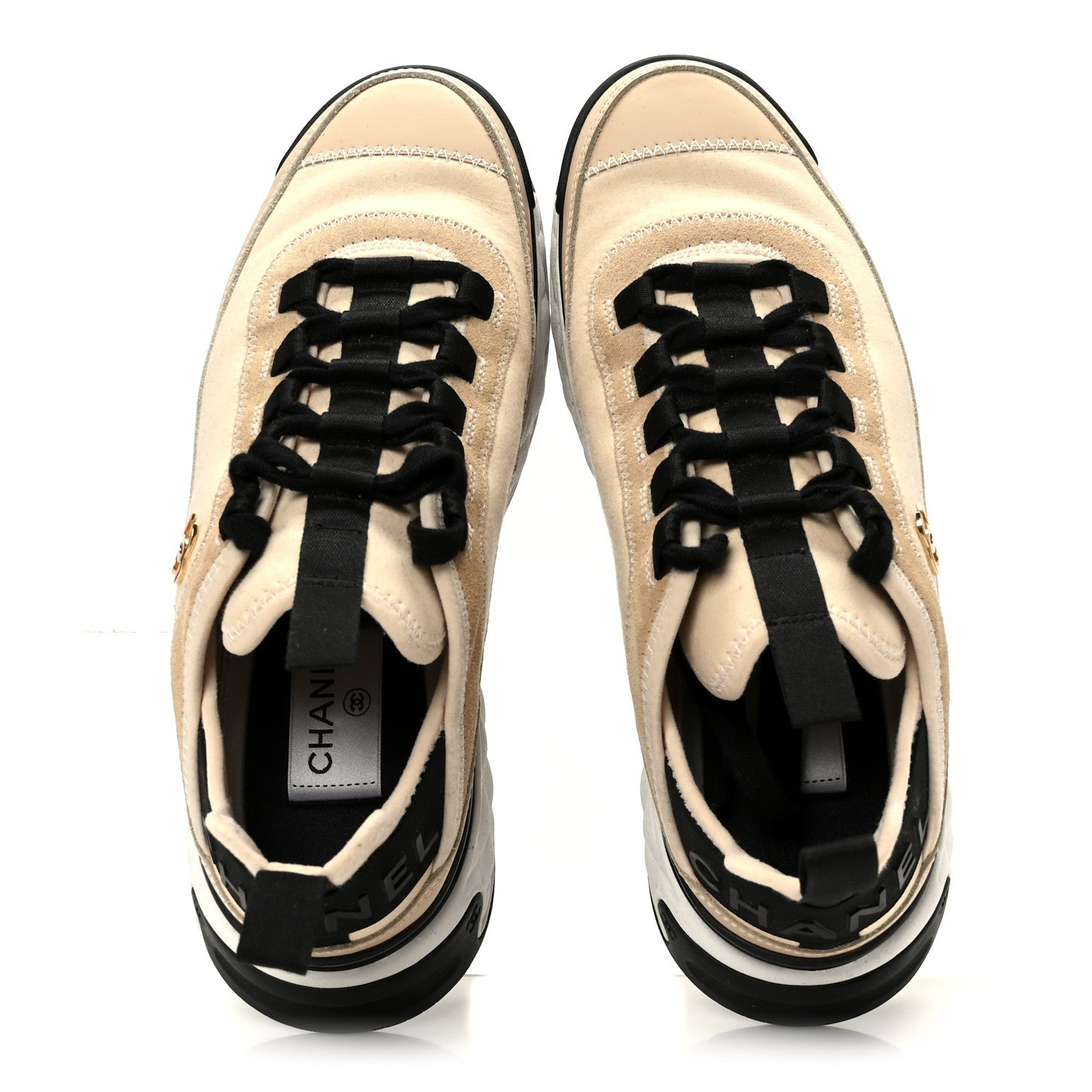 Chanel Velvet Calfskin Mixed Fibers CC Sneakers 37.5 Beige