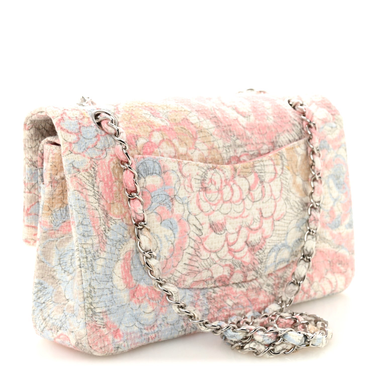 Chanel Tweed Quilted Camellia Medium Double Flap Ivory Multicolor