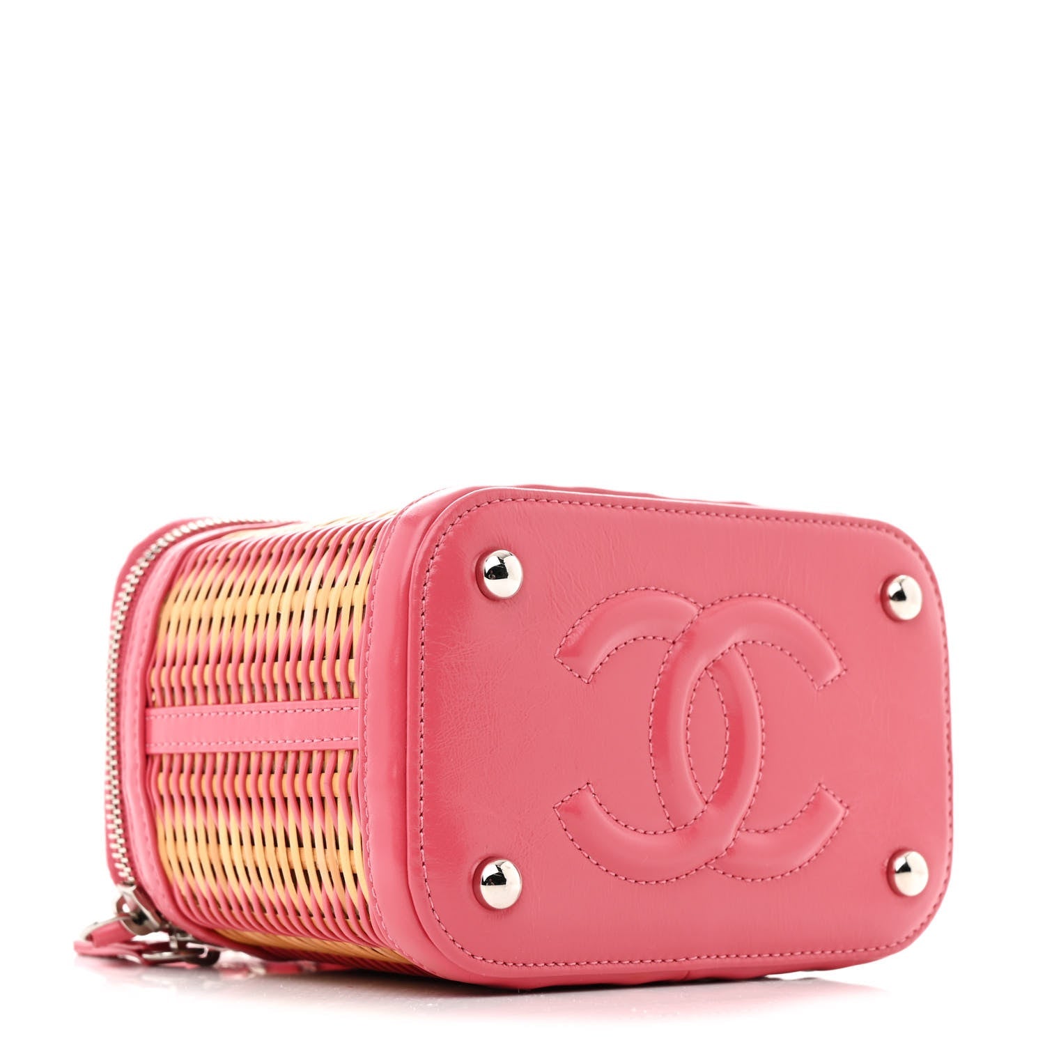 Chanel Calfskin Raffia Small Take Away Vanity Case Bag Pink Beige