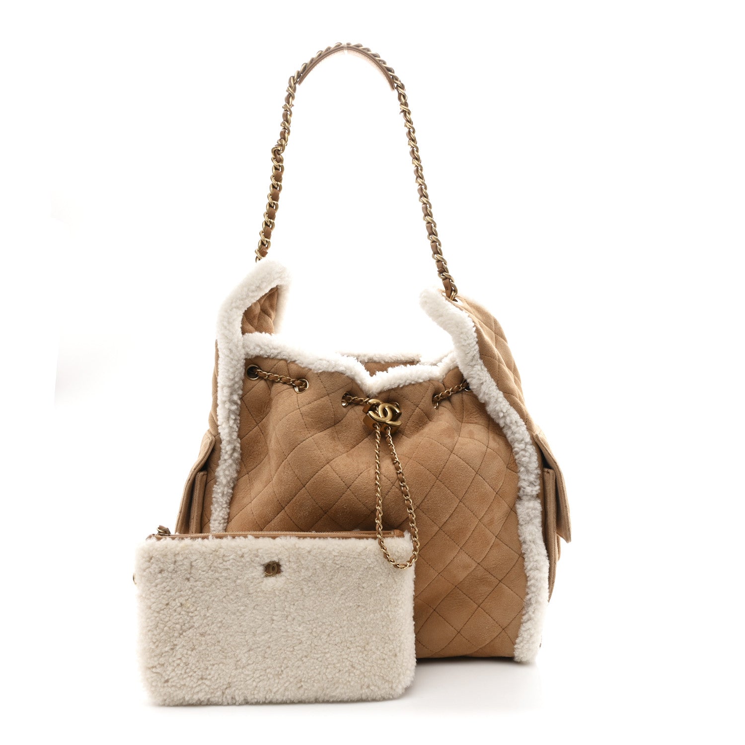 Chanel Suede Shearling Quilted Medium Chanel 25 Handbag Beige Natural