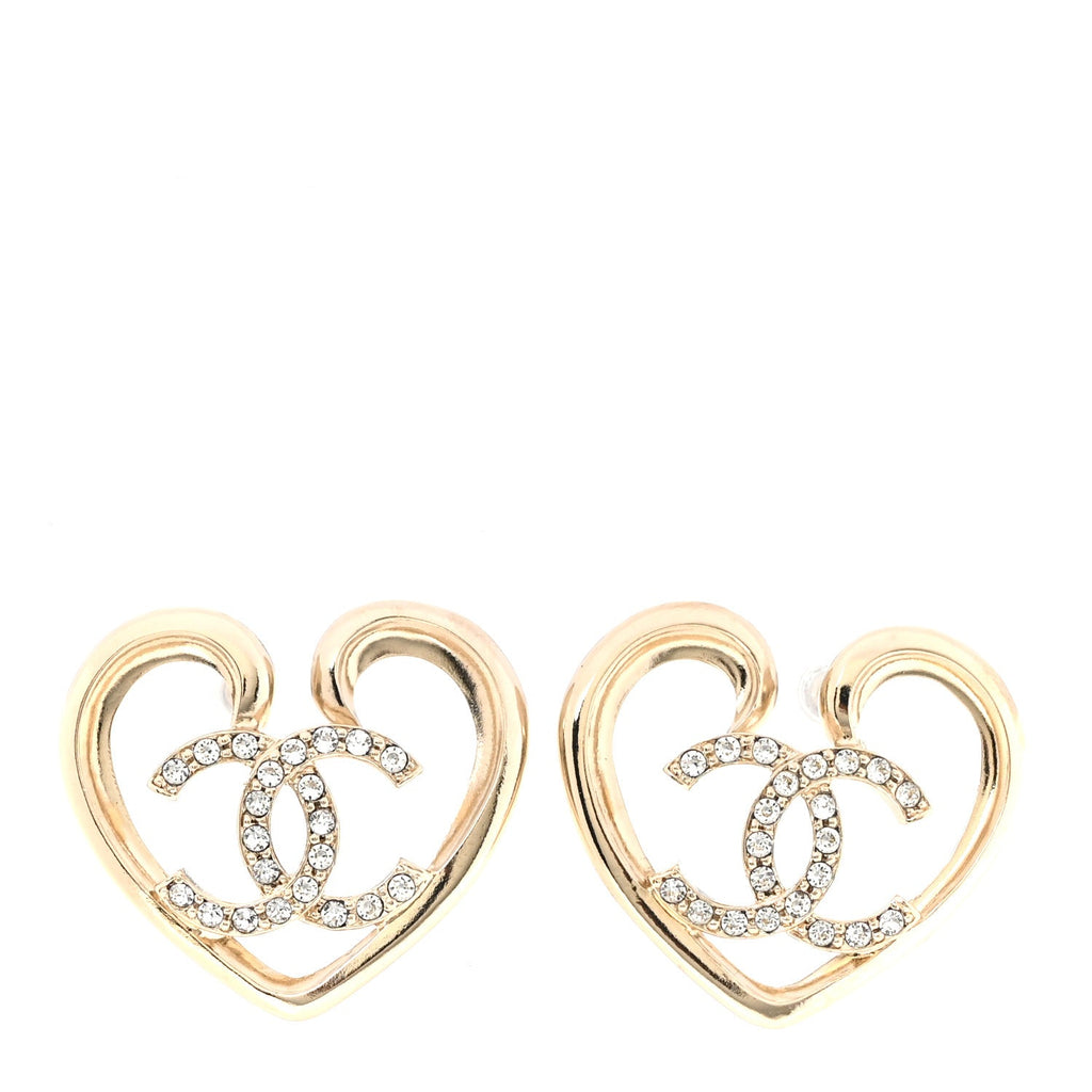 Metal Crystal CC Logo Heart Earrings Gold